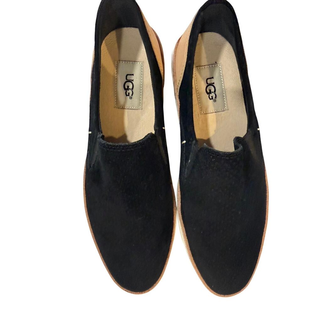 UGG Women’s Black Suede Slip On Sneakers Tan Leather Trim White Sole Size 7